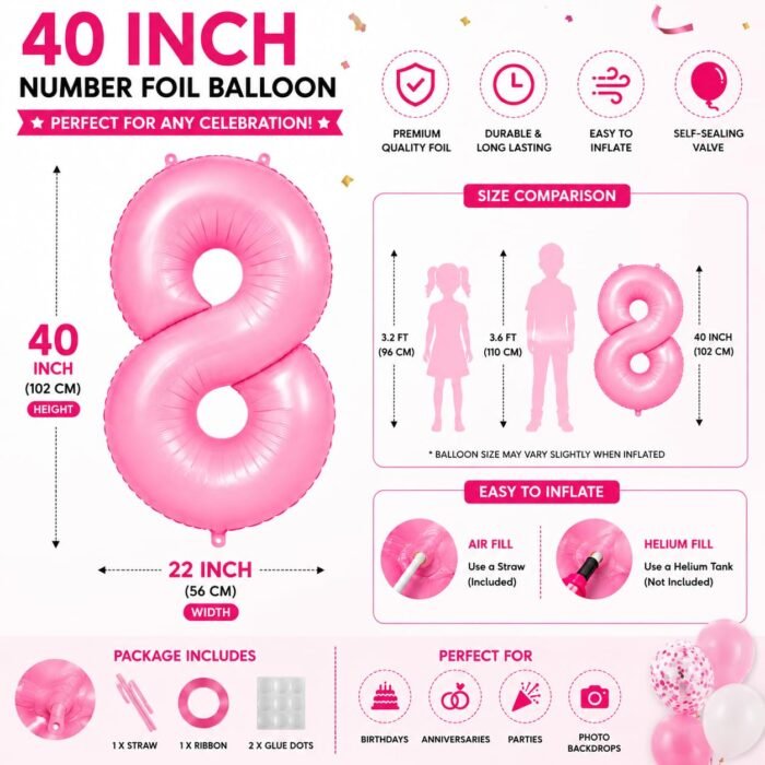 Number 8 Foil Balloon 40 Inch, Pink - Image 2
