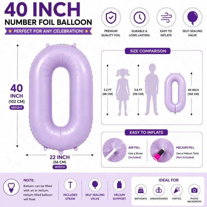 Number 0 Foil Balloon 40 Inch, Lilac - Image 2