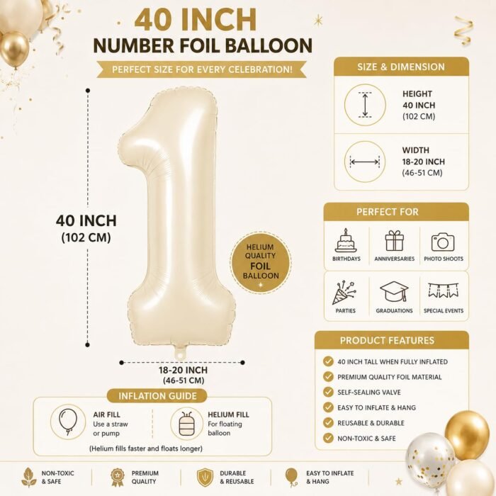 Number 1 Foil Balloon 40 Inch, Cream - Image 2