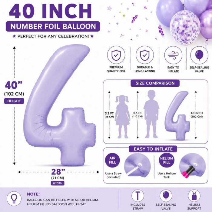 Number 4 Foil Balloon 40 Inch, Lilac - Image 4