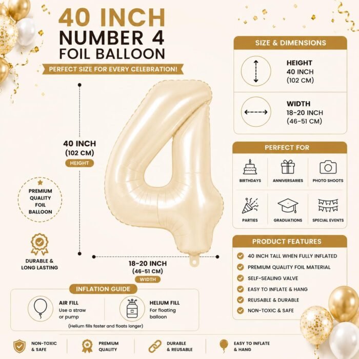 Number 4 Foil Balloon 40 Inch, Cream - Image 2
