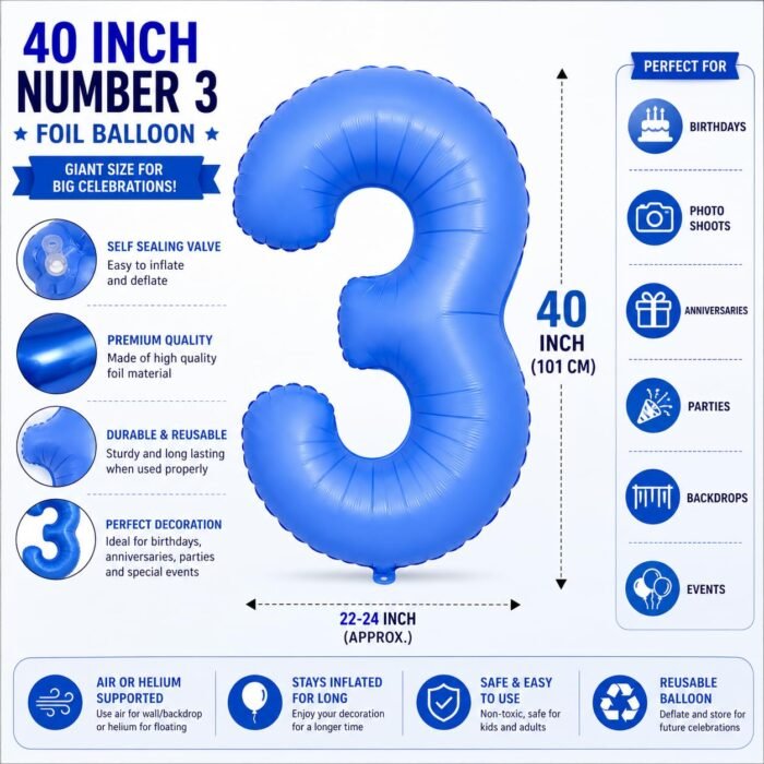 Number 3 Foil Balloon 40 Inch, Lotus Blue - Image 2