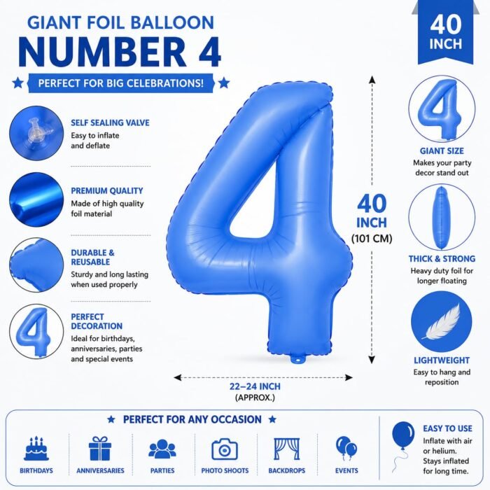 Number 4 Foil Balloon 40 Inch, Lotus Blue - Image 2