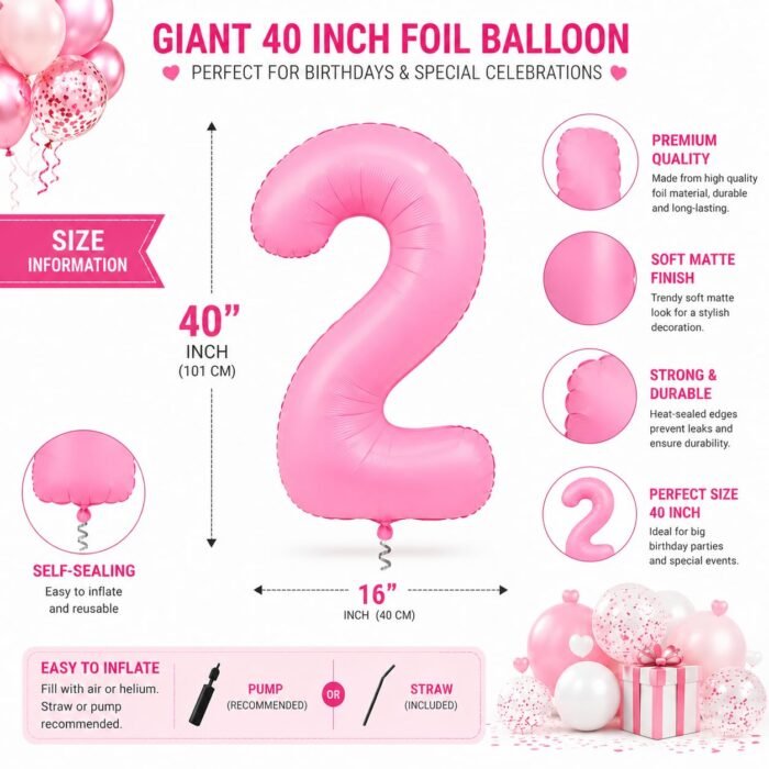 Number 2 Foil Balloon 40 Inch, Pink - Image 2