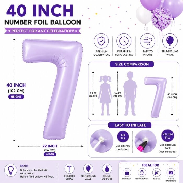 Number 7 Foil Balloon 40 Inch, Lilac - Image 2