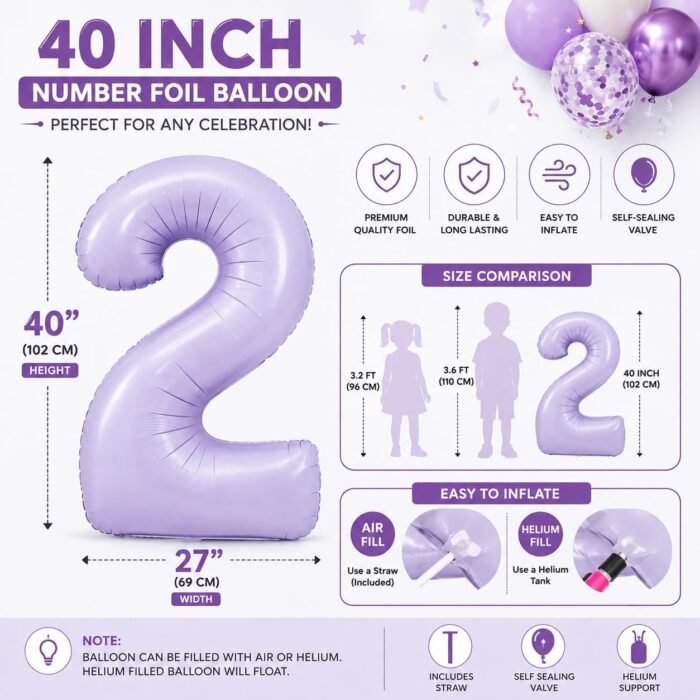 Number 2 Foil Balloon 40 Inch, Lilac - Image 2