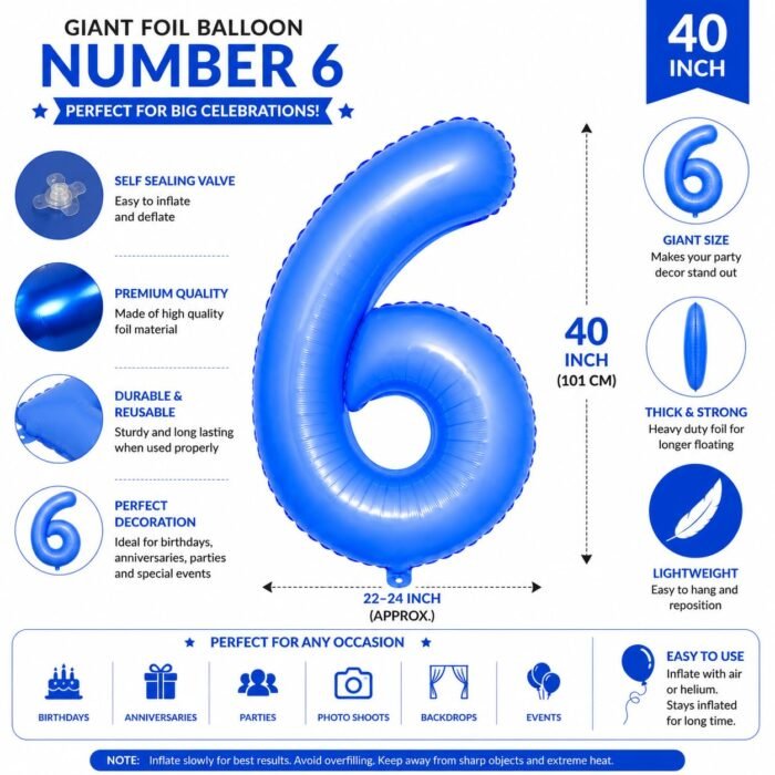 Number 6 Foil Balloon 40 Inch, Lotus Blue - Image 2