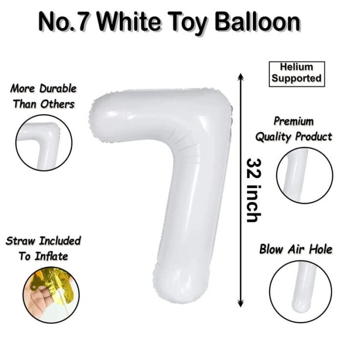32 inch Large White 7 Number Foil Balloon, Number 7 Balloon for 7th Birthday, Anniversary and Party Decorations, White Number Foil Balloons Helium Balloons for Kids Party, Pack of 1 (available 0-9) - Image 2