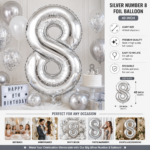 Silver Number 8 Foil Balloon 40 Inch | Large Metallic Number Eight Balloon for 8th Birthday, Anniversary, Kids Birthday Party Decoration, Photo Backdrop & Celebration Decor - Image 3