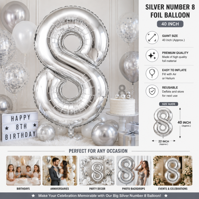 Silver Number 8 Foil Balloon 40 Inch | Large Metallic Number Eight Balloon for 8th Birthday, Anniversary, Kids Birthday Party Decoration, Photo Backdrop & Celebration Decor - Image 3