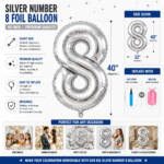 Silver Number 8 Foil Balloon 40 Inch | Large Metallic Number Eight Balloon for 8th Birthday, Anniversary, Kids Birthday Party Decoration, Photo Backdrop & Celebration Decor - Image 4