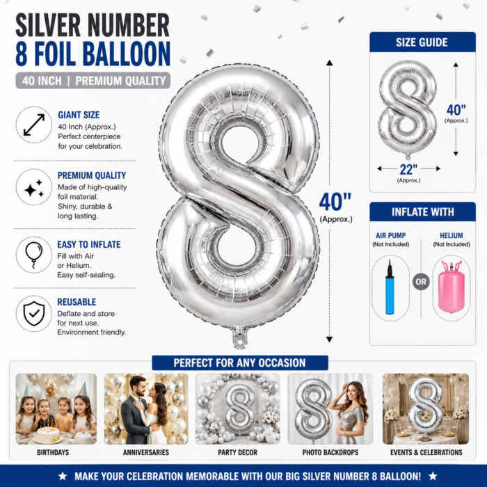Silver Number 8 Foil Balloon 40 Inch | Large Metallic Number Eight Balloon for 8th Birthday, Anniversary, Kids Birthday Party Decoration, Photo Backdrop & Celebration Decor - Image 4