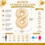 Number 8 Foil Balloon 40 Inch, White Gold Metallic 40 Inch Number Eight Balloon for 8th Birthday Decoration, Anniversary, Party Decor & Photo Shoot - Image 4