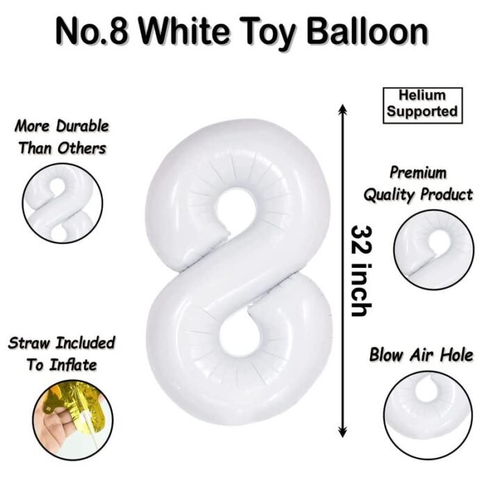 32 inch Large White 8 Number Foil Balloon, Number 8 Balloon for 8th Birthday, Anniversary and Party Decorations, White Number Foil Balloons Helium Balloons for Kids Party, Pack of 1 (available 0-9) - Image 3