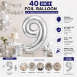 Silver Number 9 Foil Balloon 40 Inch | Large Metallic Number Nine Balloon for 9th Birthday, Anniversary, Kids Birthday Party Decoration, Photo Backdrop & Celebration Decor - Image 2