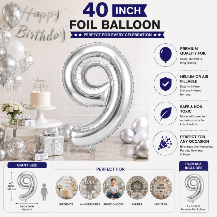 Silver Number 9 Foil Balloon 40 Inch | Large Metallic Number Nine Balloon for 9th Birthday, Anniversary, Kids Birthday Party Decoration, Photo Backdrop & Celebration Decor - Image 2