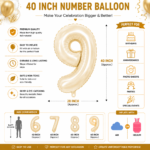 Number 9 Foil Balloon 40 Inch, White Gold Cream Champagne Metallic 40 Inch Number Nine Balloon for 9th Birthday Decoration, Anniversary, Party Decor & Photo Shoot - Image 2