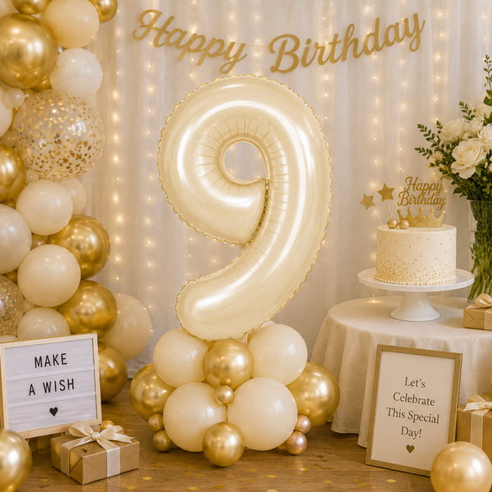Number 9 Foil Balloon 40 Inch, White Gold Cream Champagne Metallic 40 Inch Number Nine Balloon for 9th Birthday Decoration, Anniversary, Party Decor & Photo Shoot - Image 3
