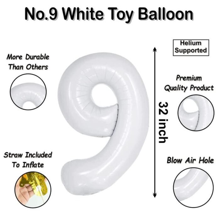 32 inch Large White 9 Number Foil Balloon, Number 9 Balloon 9th Birthday, Anniversary and Party Decorations, White Number Foil Balloons Helium Balloons for Kids Party, Pack of 1 (available 0-9) - Image 2