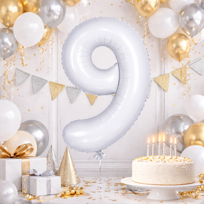 32 inch Large White 9 Number Foil Balloon, Number 9 Balloon 9th Birthday, Anniversary and Party Decorations, White Number Foil Balloons Helium Balloons for Kids Party, Pack of 1 (available 0-9) - Image 4